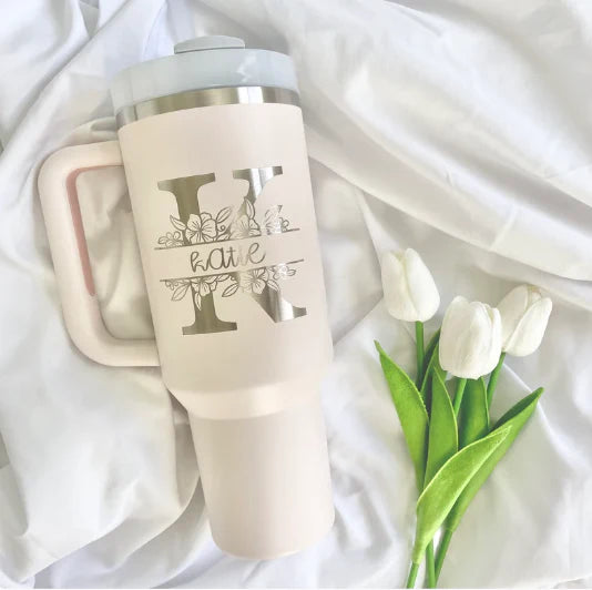 40oz Stanley Quencher Tumbler | Laser Engraved Stainless Steel Tumbler | Personalized Tumbler with lid and Straw.