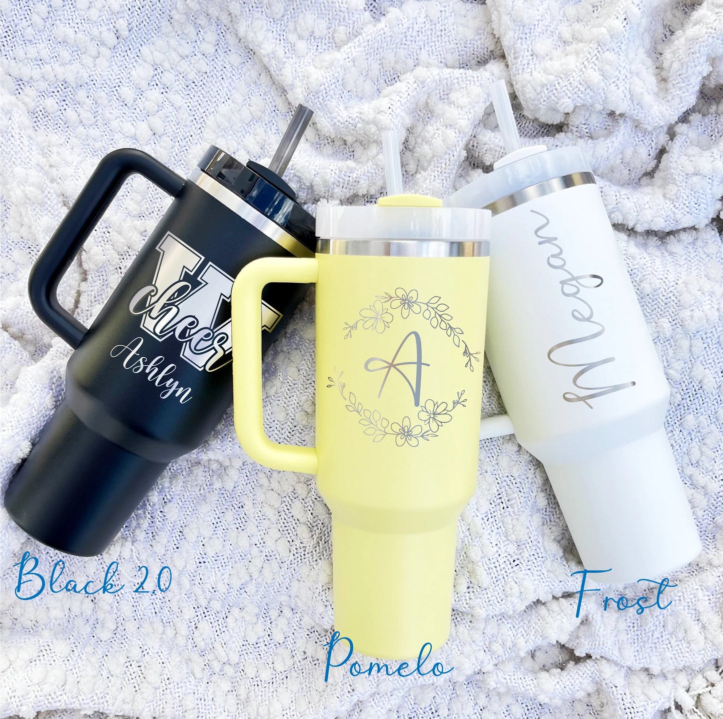 40oz Stanley Quencher Tumbler | Laser Engraved Stainless Steel Tumbler | Personalized Tumbler with lid and Straw.