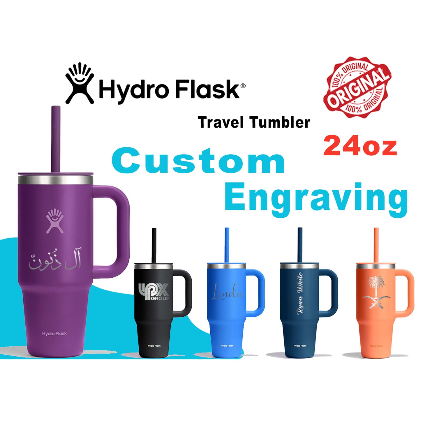 24oz Hydro Flask Travel Tumbler | Personalized Stainless Steel Tumbler with Flexible Straw and Lid | Laser Engraved Hydro Flask Tumbler