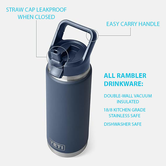 26oz YETI Rambler 2.0 Water Bottles | Personalized Stainless Steel with Color-Matching Straw Cap | Laser Engraved Bottle, Gift for her