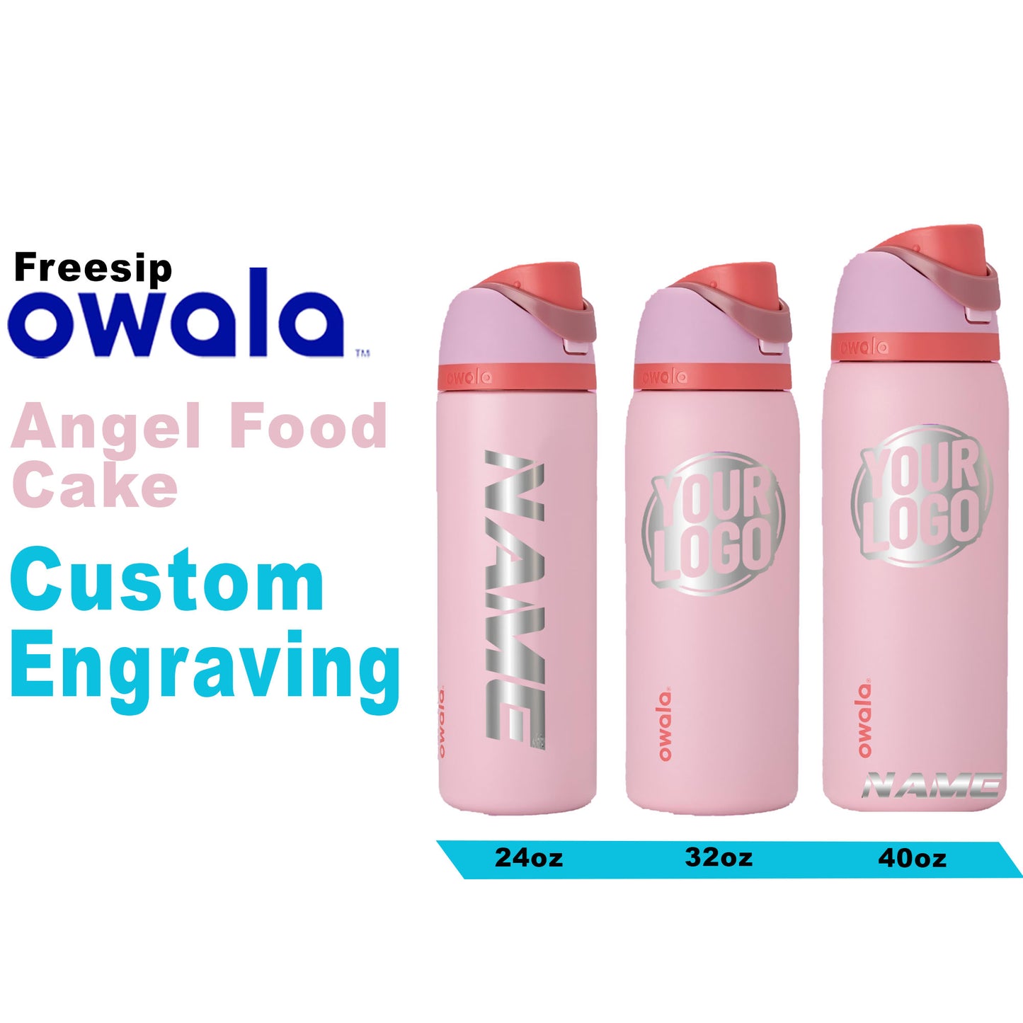 Owala Angel Food Cake Insulated Water Bottles, Personalized Stainless Steel Water Bottle, Laser Engraved Custom Water Bottle with Straw.