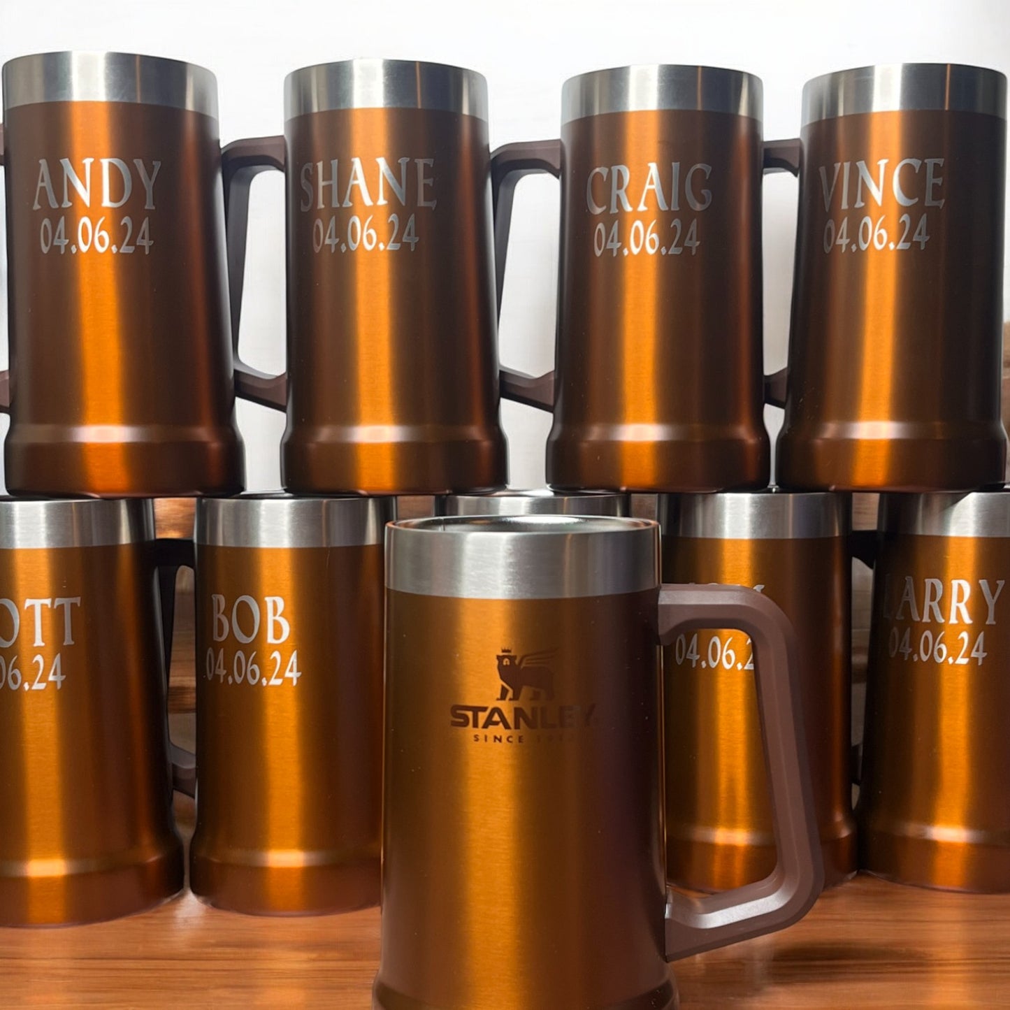 24oz Stanley Big Grip Beer Stein Mug | Personalized Heavy Duty Tumbler with Handle | Laser Engraved Insulated Stainless Steel Party Mug