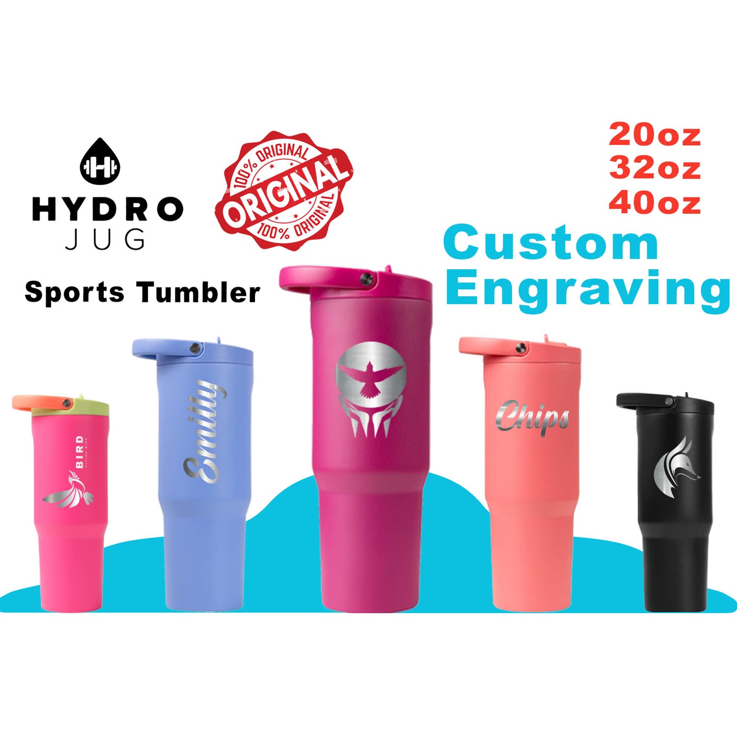20oz, 32oz, 40oz Hydro Jug SportTumbler | Laser Engraved Stainless Steel Tumbler | Personalized Leakproof Tumbler with Rubber Base,Zengraved