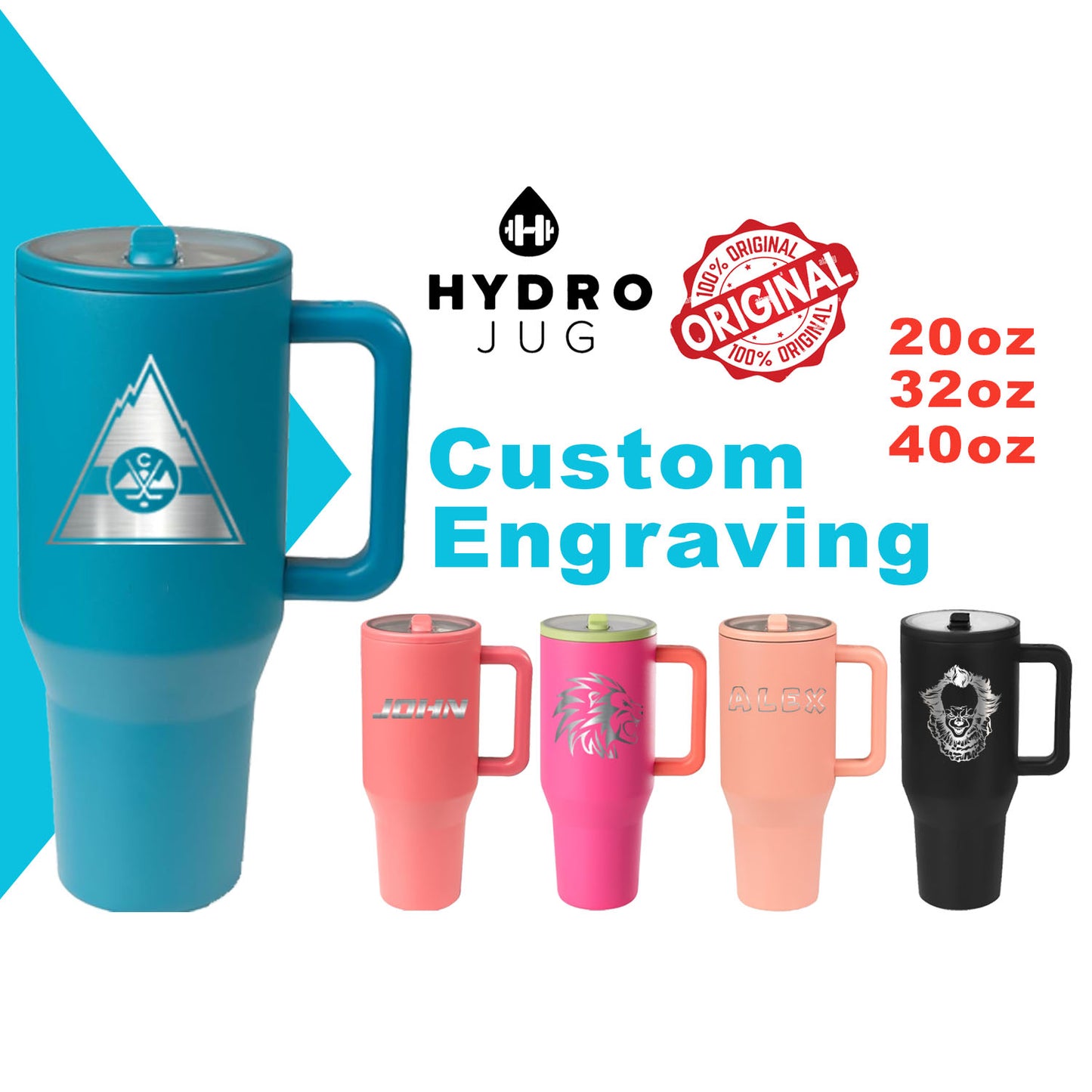 20oz, 32oz, 40oz Hydro Jug Traveler Tumbler | Laser Engraved Stainless Steel Tumbler | Personalized Tumbler with lid and Straw, Zengraved