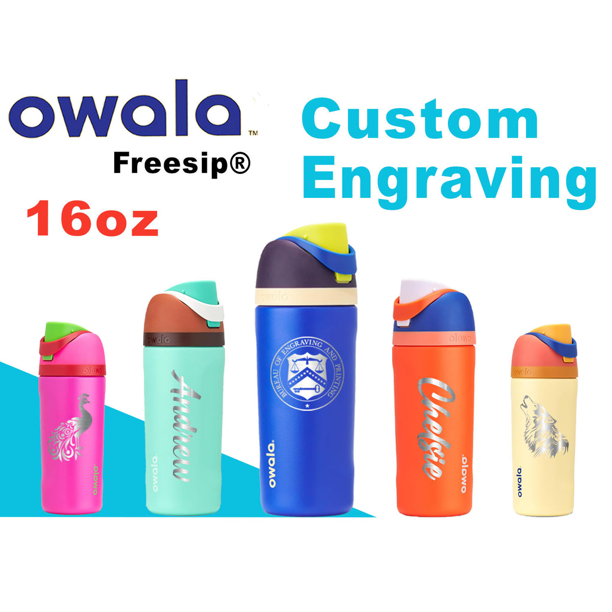 16oz Owala Insulated Water Bottles | Personalized Stainless Steel Water Bottle | Laser Engraved Custom Water Bottle with Straw for Sports zengravedstore
