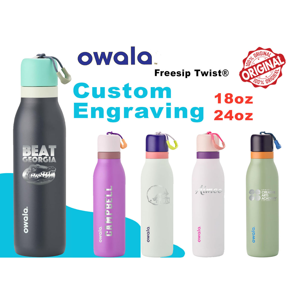 18oz, 24oz Owala FreeSip Twist Water Bottles | Laser Engraved Stainless Steel Water Bottle with Straw | Best For Travel, Sports and Gym ,zengravedstore