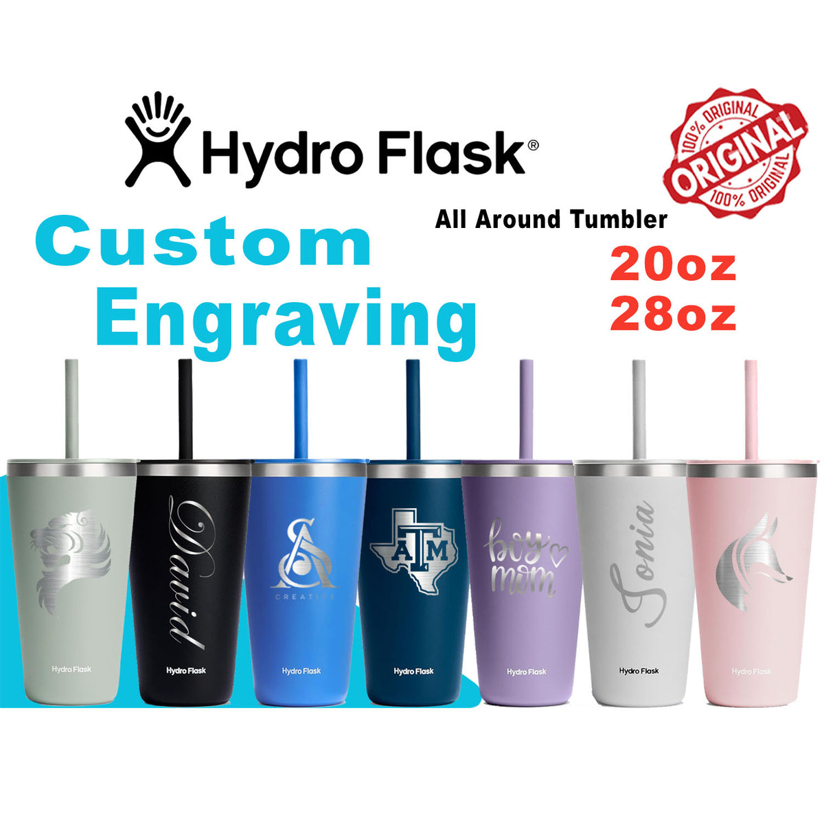 20oz, 28oz Hydro Flask All Round Tumbler | Personalized Stainless Steel Tumbler with Straw and Lid | Laser Engraved Hydro Flask Tumbler for gym, collage, school zengravedstore