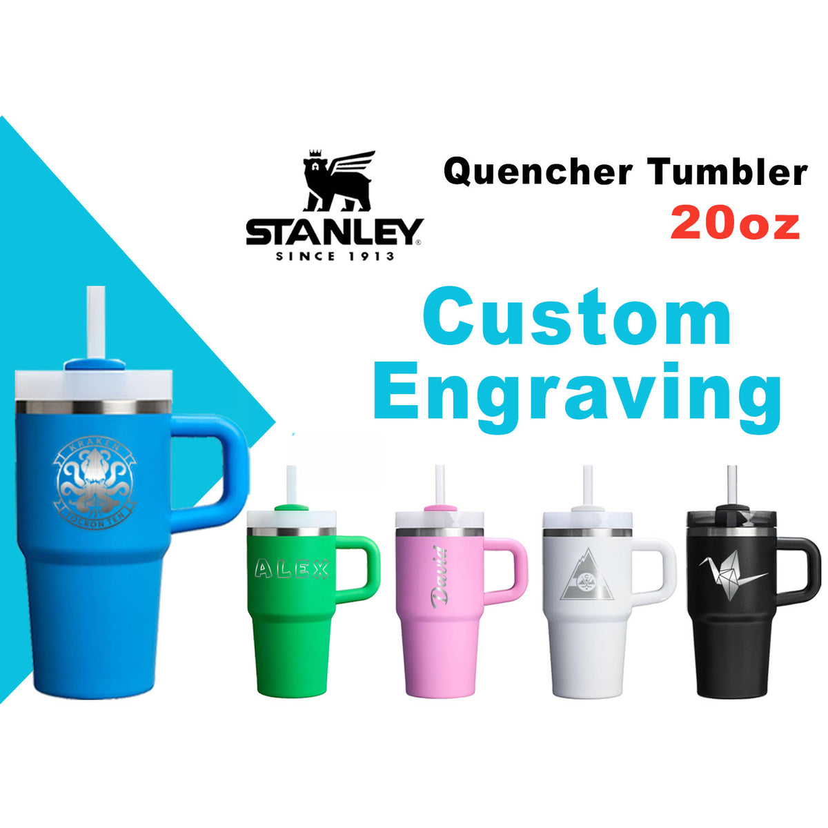 20oz Stanley Quencher Tumbler | Laser Engraved Cup with lid and Straw | Personalized Stainless Steel Tumbler | Double Wall Insulated Cup. zengravedstore