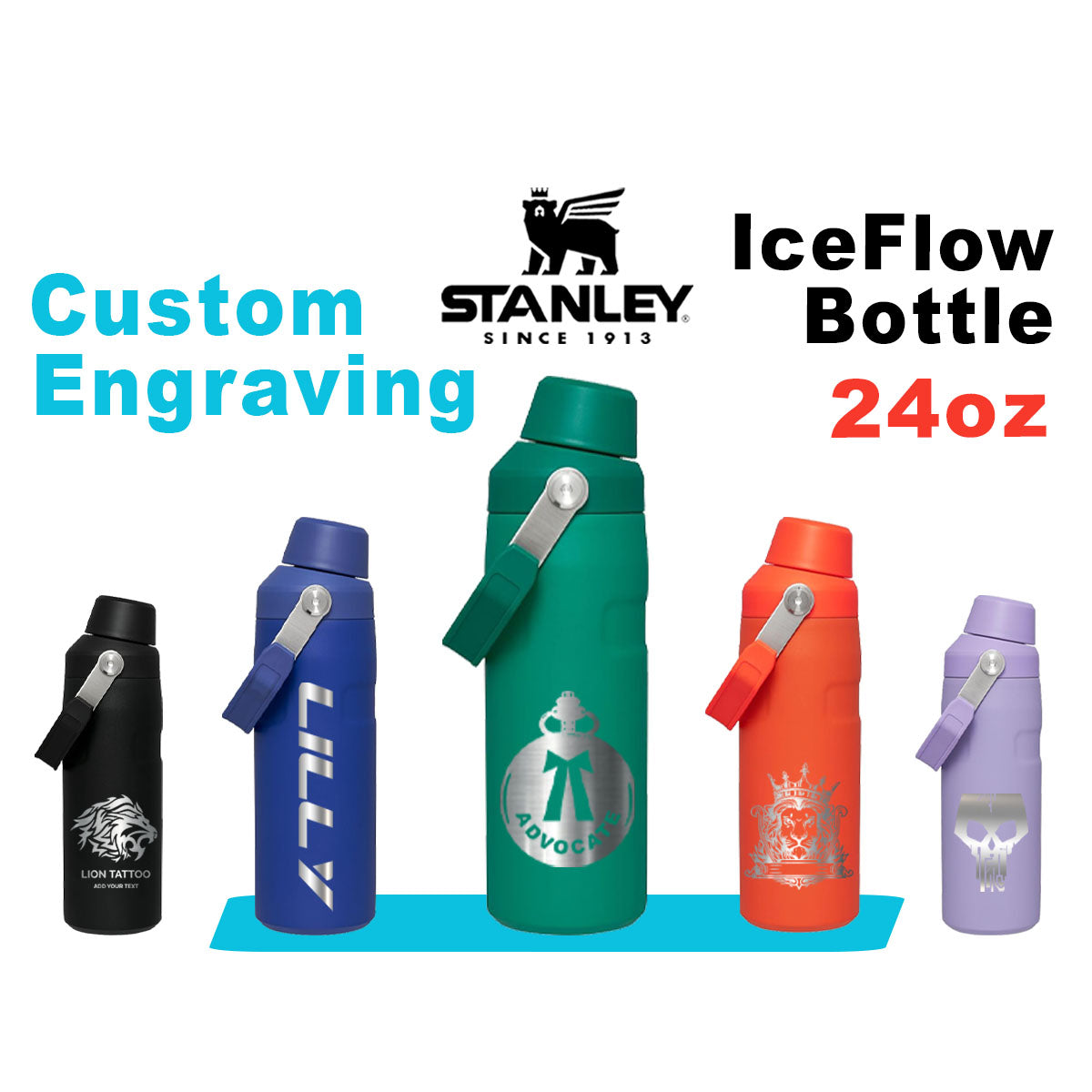 24oz Stanley Ice Flow Fast Flow Bottle | Personalized Stainless Steel Bottle with cap holder | Laser Engraved Bottle with Angled Spout Lid zengravedstore