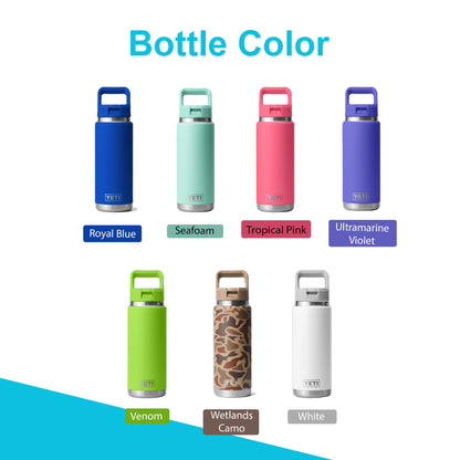 26oz YETI Rambler 2.0 Water Bottles | Personalized Stainless Steel with Color-Matching Straw Cap | Laser Engraved Bottle, Gift for her