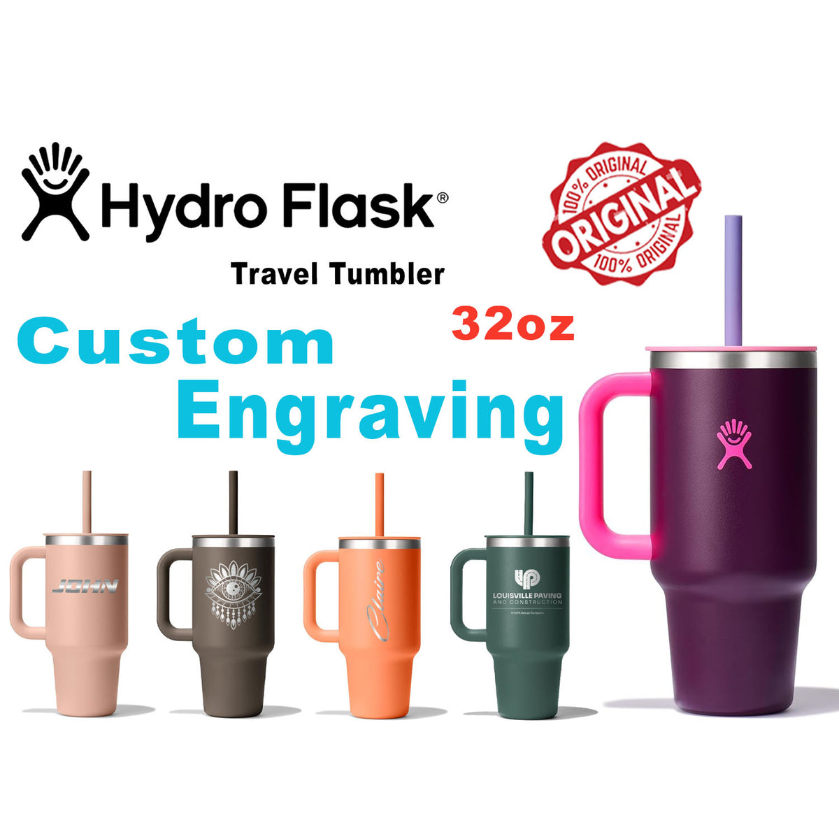 32oz Hydro Flask Travel Tumbler | Personalized Stainless Steel Tumbler with Flexible Straw and Lid | Laser Engraved Hydro Flask Tumbler zengravedstore