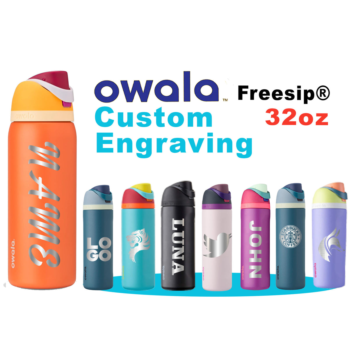 32oz Owala FreeSip Insulated Water Bottles | Personalized Stainless Steel Bottle with Straw | Laser Engraved Custom Bottle for School zengravedstore