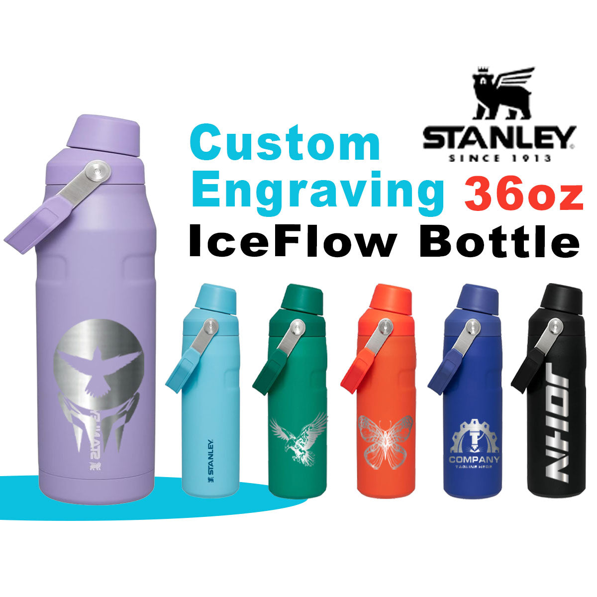 36oz Stanley Ice Flow Fast Flow Bottle | Personalized Stainless Steel Bottle with Integrated cap holder and Lid | Lightweight & Leakproof. zengravedstore