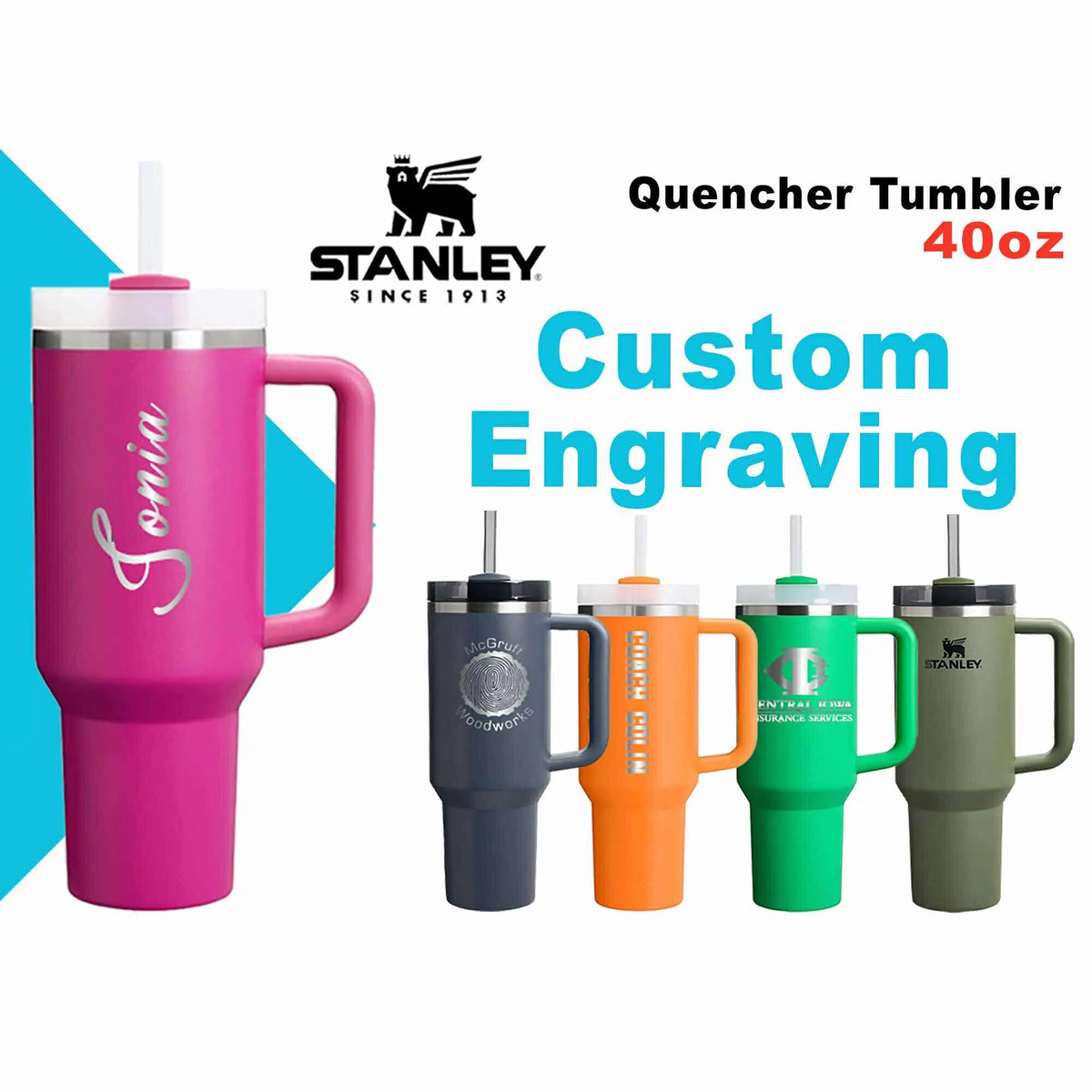 40oz Stanley Quencher Tumbler | Laser Engraved Stainless Steel Tumbler | Personalized Tumbler with lid and Straw. zengravedstore