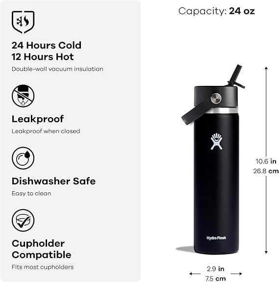 24oz Hydro Flask Flex Straw Lid Bottle | Laser Engraved Stainless Steel Water Bottle with Straw | Best For Travel, Sports and Gym
