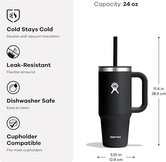 24oz Hydro Flask Travel Tumbler | Personalized Stainless Steel Tumbler with Flexible Straw and Lid | Laser Engraved Hydro Flask Tumbler