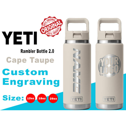 YETI Cape Taupe Rambler Bottle 2.0: Laser Engraved Bottle, Personalized Bottle with the same color Lid, Yeti Rambler Name & Logo Bottle