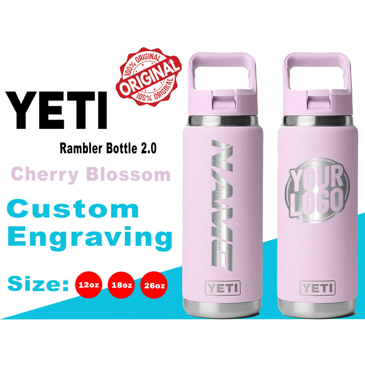 YETI Cherry Blossom Rambler Bottle 2.0: Laser Engraved Stainless Steel Bottle, Custom Yeti Bottle With Lid, Easy to Sip, Cold Water Bottle