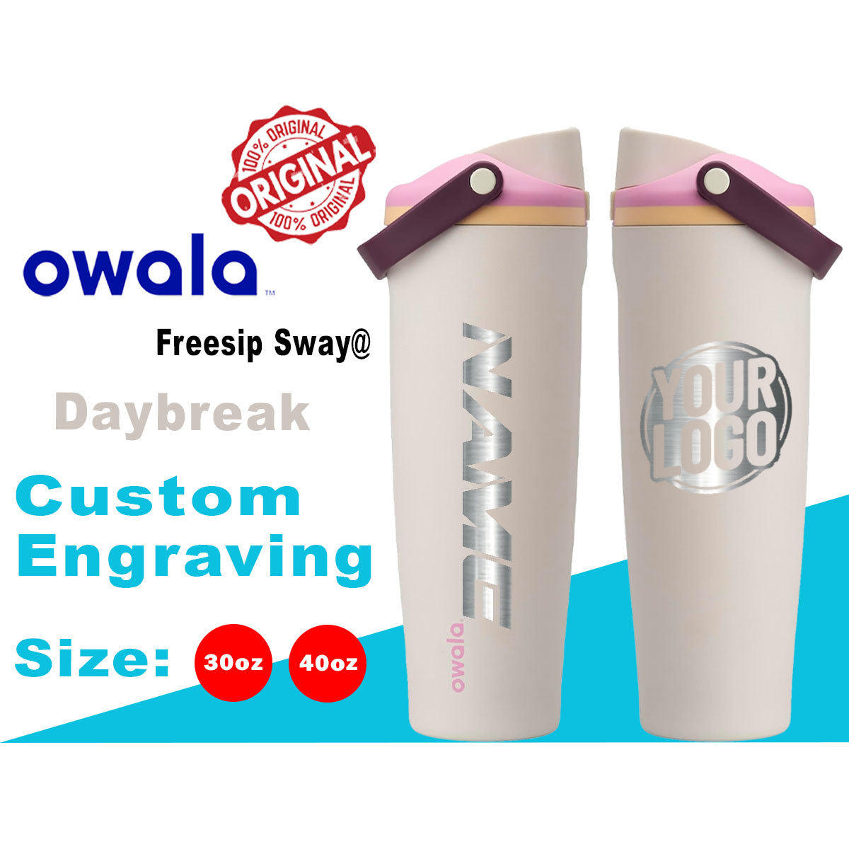 30oz, 40oz Owala Daybreak Color Freesip Sway Water Bottle. Laser Engraved Owala Bottle with Handle, Customized Bottle with Name & Logo (Copy) (Copy) (Copy)