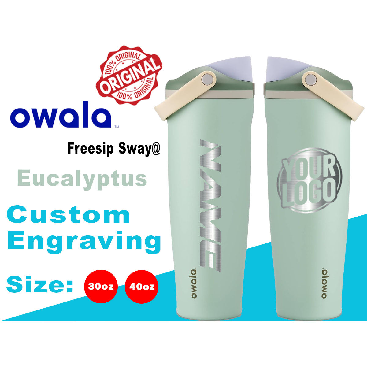 30oz, 40oz Owala Eucalyptus Color Freesip Sway Water Bottle. Laser Engraved Owala Bottle with Handle, Customized Bottle with Name & Logo
