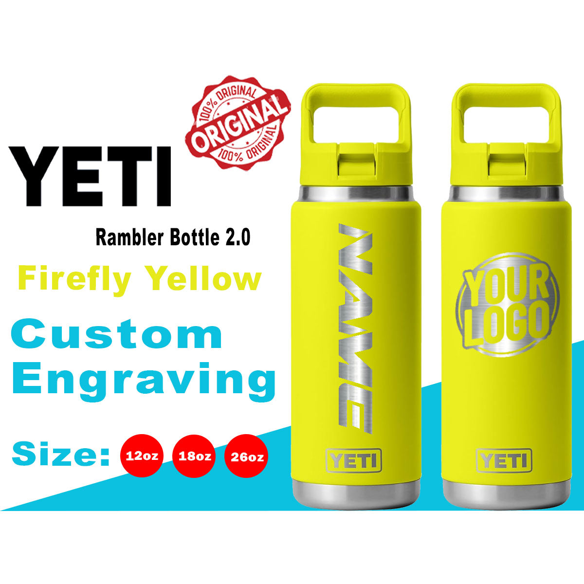 YETI Firefly Yellow Rambler Bottle 2.0: Laser Engraved, Personalized Stainless Steel Bottle, Birthday Gift, Hallowe'en Gift, Custom Gift