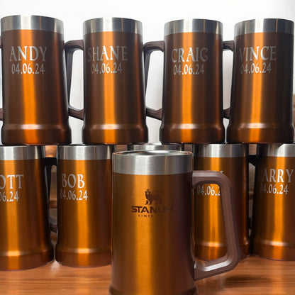 24oz Stanley Big Grip Beer Stein Mug | Personalized Heavy Duty Tumbler with Handle | Laser Engraved Insulated Stainless Steel Party Mug