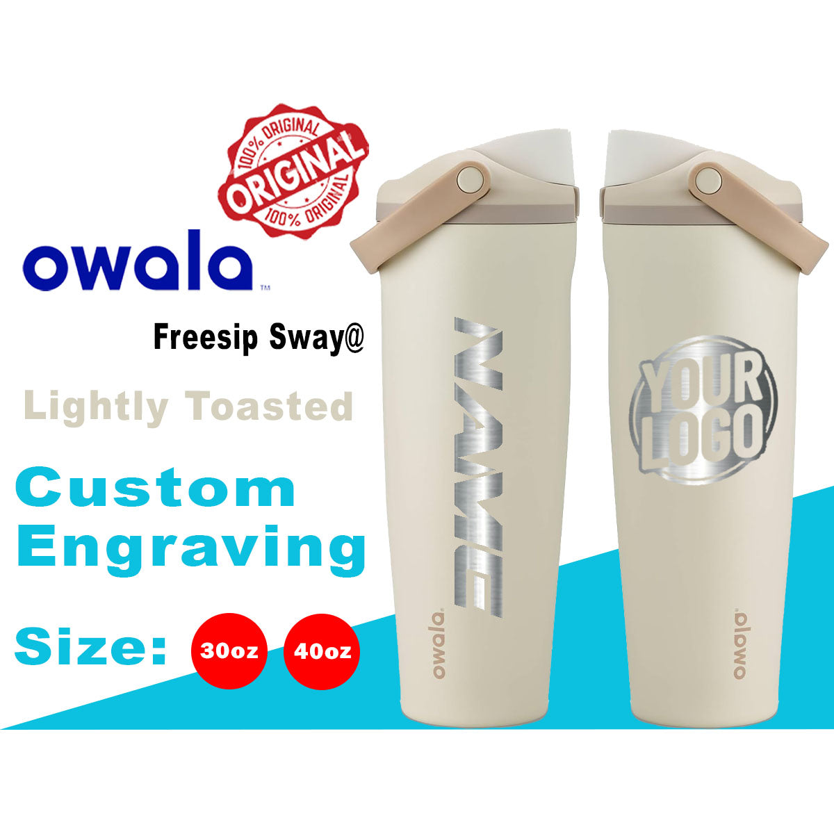 30oz, 40oz Owala Lightly Toasted Color Freesip Sway Water Bottle. Laser Engraved Owala Bottle with Handle, Customized Bottle with Name & Logo