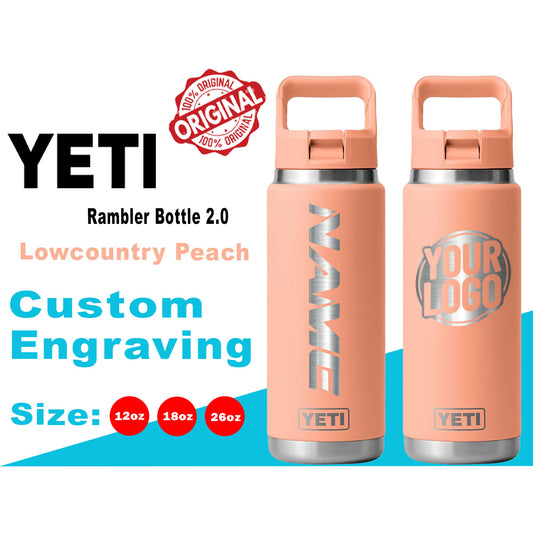 YETI Lowcountry Peach: Laser Engraved Bottle, Personalized Bottle with the same color Lid, Custom Insulated Bottle, BPA Free Bottle