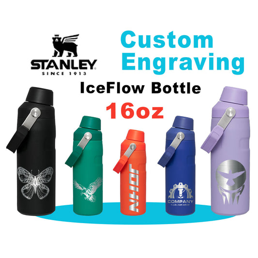 16oz Stanley Ice Flow Fast Flow Bottle | Personalized Stainless Steel Bottle | Laser Engraved Bottle with Integrated cap holder and Lid.
