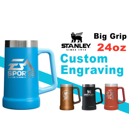 24oz Stanley Big Grip Beer Stein Mug | Personalized Heavy Duty Tumbler with Handle | Laser Engraved Insulated Stainless Steel Party Mug