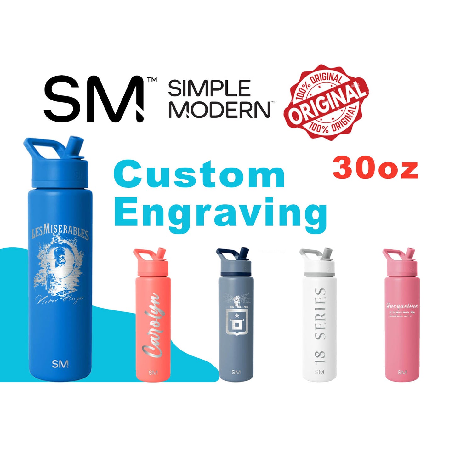 Personalized Simple Modern Water Bottle: Laser Engraved, 30oz Stainless Steel Bottle, Simple Modern Name and Logo Bottle