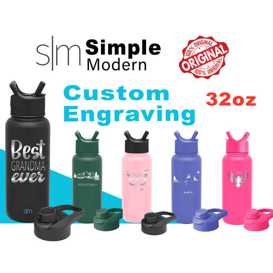 32oz Simple Modern Insulated Water Bottles | Personalized Stainless Steel Bottle with Straw | Laser Engraved Bottle for School, Zengraved