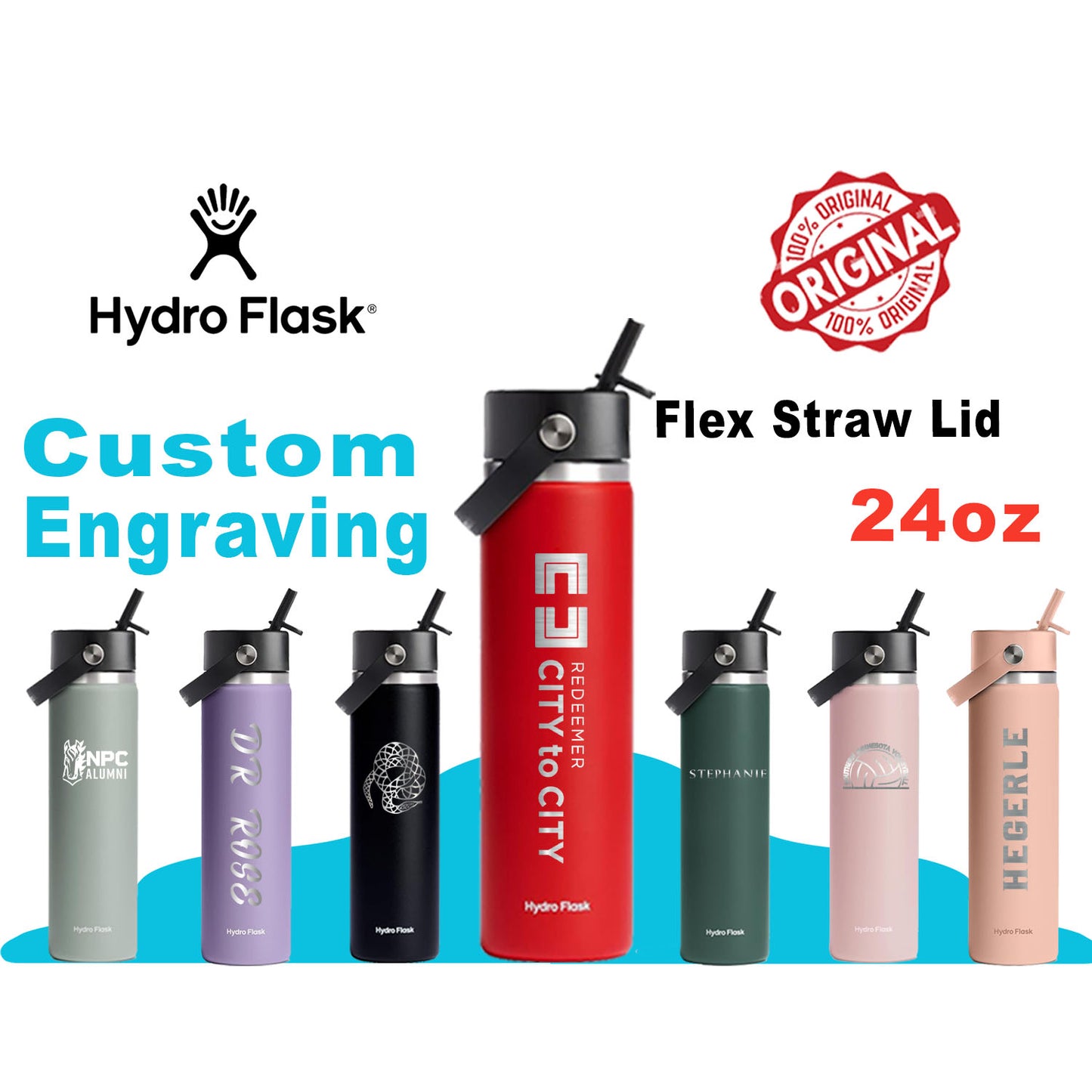 24oz Hydro Flask Flex Straw Lid Bottle | Laser Engraved Stainless Steel Water Bottle with Straw | Best For Travel, Sports and Gym