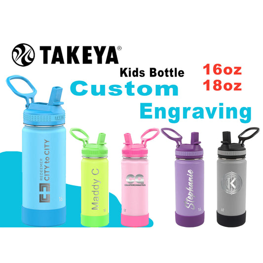 Personalized Takeya 16oz & 18oz Kids Bottle: Laser Engraved Stainless Steel Water Bottle