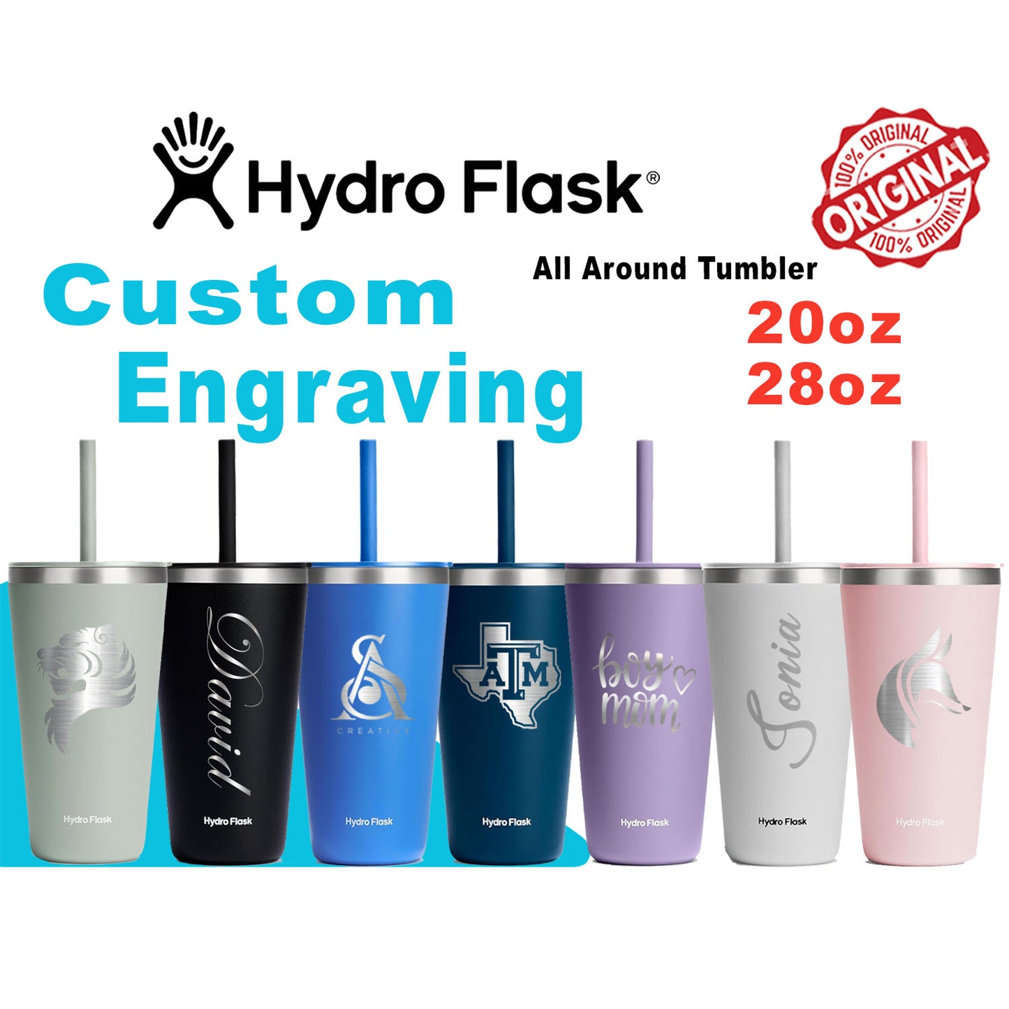 20oz, 28oz Hydro Flask All Round Tumbler | Personalized Stainless Steel Tumbler with Straw and Lid | Laser Engraved Hydro Flask Tumbler for gym, collage, school
