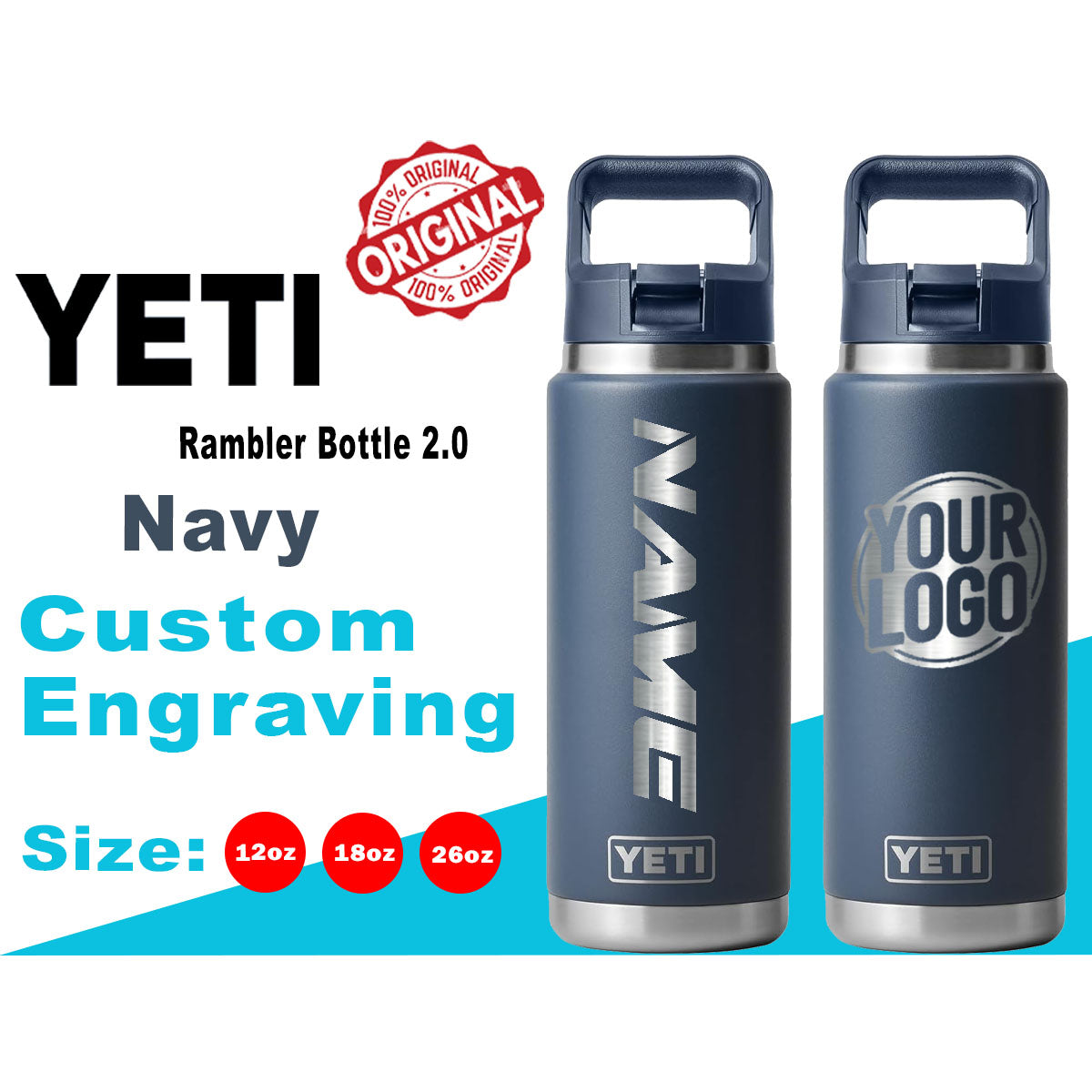 YETI Navy Rambler Bottle 2.0: Laser Engraved Stainless Steel, Personalized Yeti, Yeti Name Bottle, Yeti Logo Bottle, Customized Gift