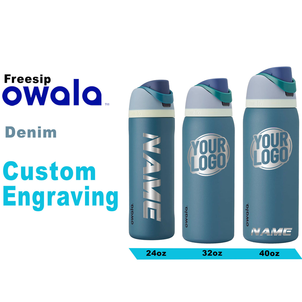 Owala Denim Color Freesip Water Bottles, Laser Engraved Owala, Owala Name Bottle, Owala Logo Bottle, Christmas Gift ,zengravedstore