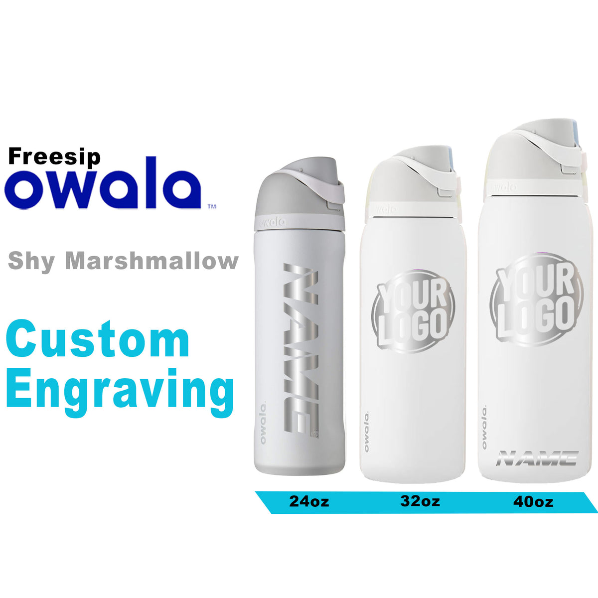 Owala Shy Marshmallow Color Freesip Water Bottles, Laser Engraved Owala, Custom Logo Bottle, Gift for Him, Adult Bottle , zengravedstore