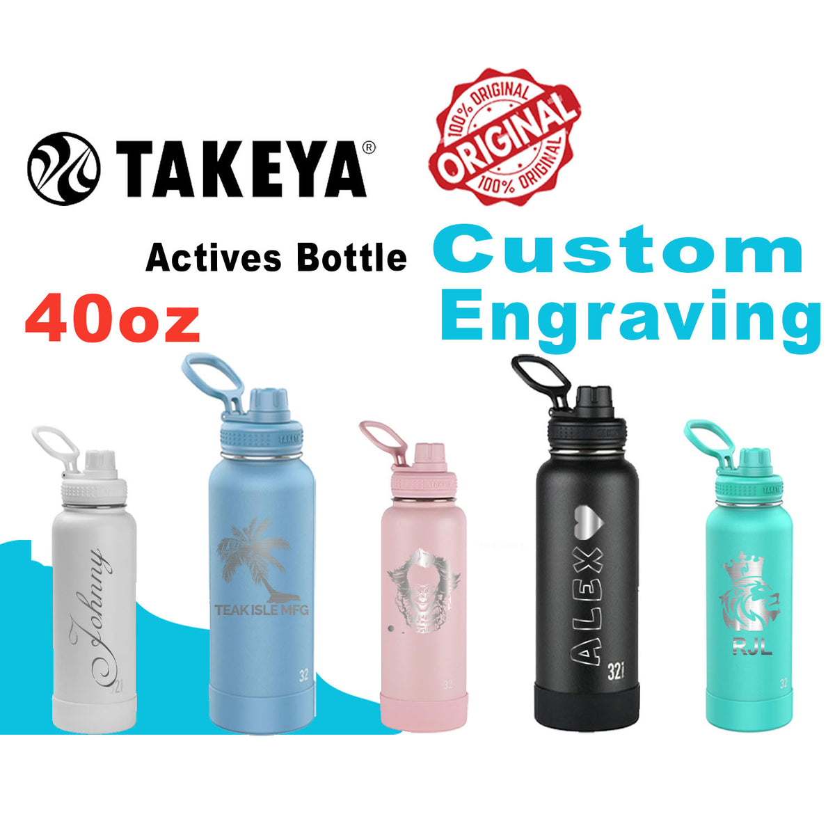 Personalized Takeya 40oz Activate Bottle: Laser Engraved Stainless Steel Water Bottle zengravedstore