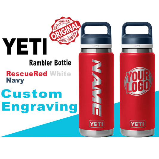 Yeti Rescue Red White Navy Color Rambler Bottle | Personalized Bottle, Laser Engraved Stainless Steel Bottle, Mother's Day, Zengraved Store.
