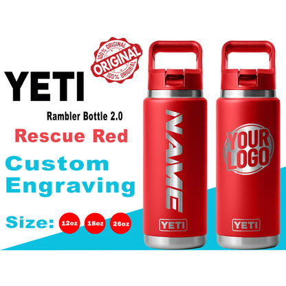 YETI Rescue Red Rambler Bottle 2.0: Laser Engraved Personalized Bottle, Custom logo and Name Bottle, Christmas Gift, Personalized Gift