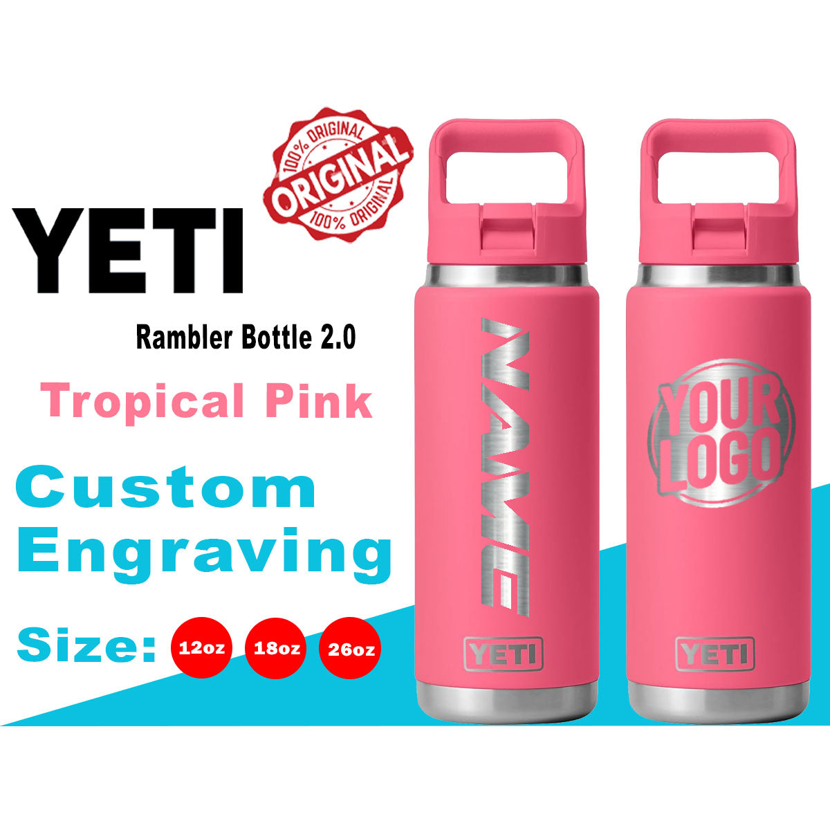 YETI Tropical Pink Rambler Bottle 2.0: Laser Engraved Bottle, Personalized Bottle with the same color Lid, Text Bottle, Gift for boyfriend