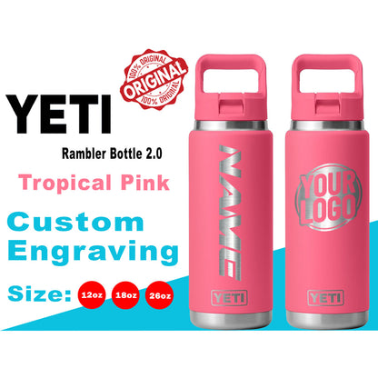 YETI Tropical Pink Rambler Bottle 2.0: Laser Engraved Bottle, Personalized Bottle with the same color Lid, Text Bottle, Gift for boyfriend
