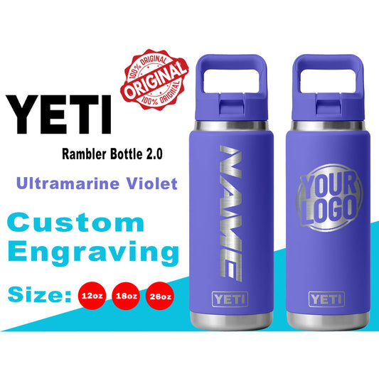 YETI Ultramarine Violet Rambler Bottle 2.0: Laser Engraved, Personalized Stainless Steel Bottle, Custom logo Bottle, Gift for Him