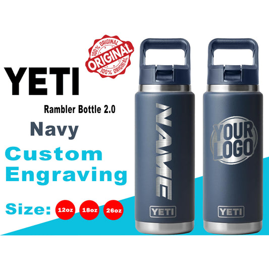 YETI Navy Rambler Bottle 2.0: Laser Engraved Stainless Steel, Personalized Yeti, Yeti Name Bottle, Yeti Logo Bottle, Customized Gift zengravedstore