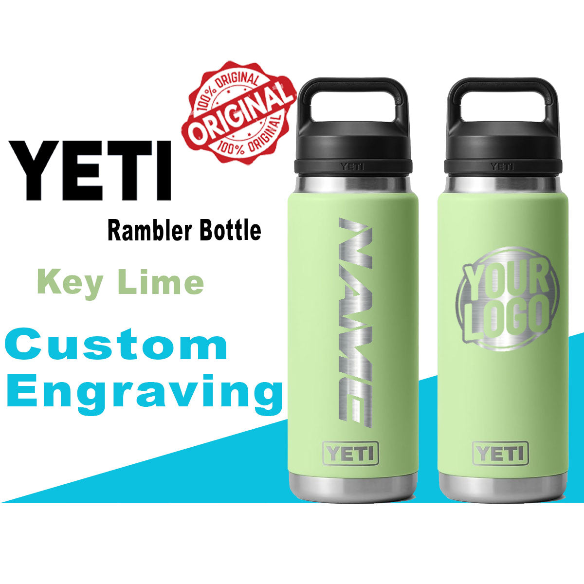 Yeti Key Lime Color Rambler Bottle | Custom Laser Engraved Bottle, Yeti Name & Logo Bottle, Father's Day Gift zengravedstore
