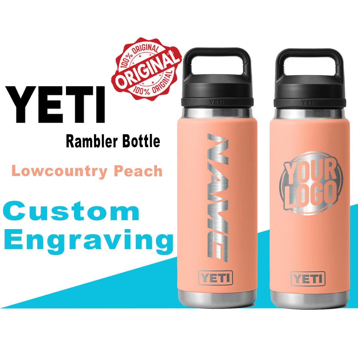 Yeti Lowcountry Peach Color Rambler Bottle | Laser Engraved Yeti Bottle, Custom Stainless Steel Bottle, Custom Bottle, Text Bottle zengravedstore