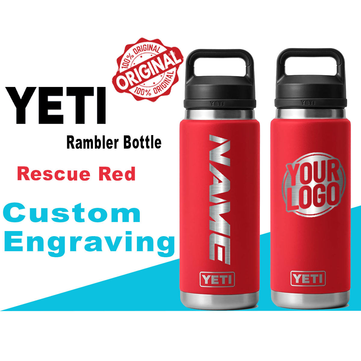 Yeti Rescue Red Color Rambler Bottle | Personalized Bottle, Laser Engraved Stainless Steel Bottle with Chug Cap, Valentine's Day zengravedstore